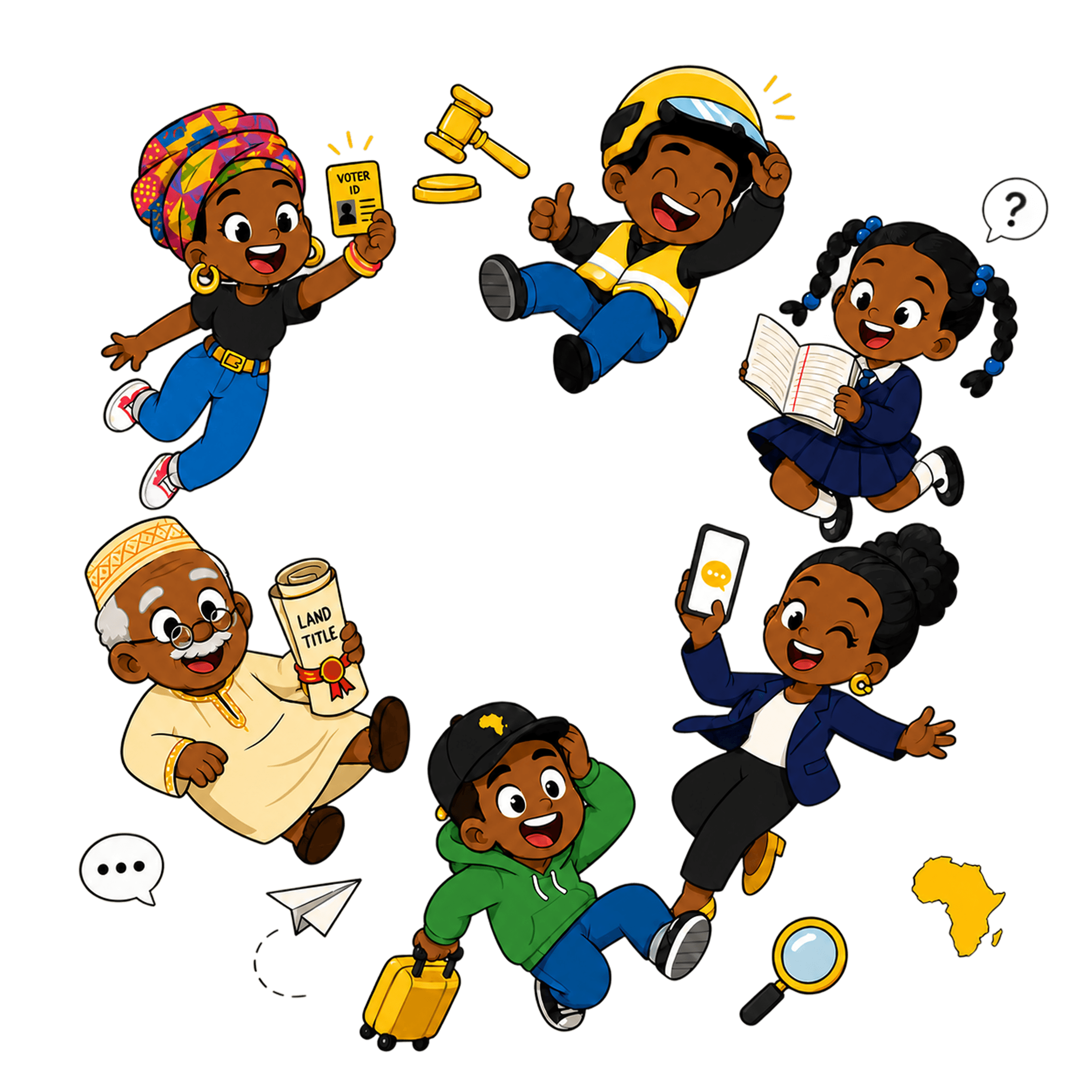 A circle of African characters: a woman with a head wrap holding a voter ID, a boda-boda rider, a schoolgirl, an elder with a land title, a young professional with a phone, and a traveller gathered around the Civic Coded gavel and a yellow map of Africa.